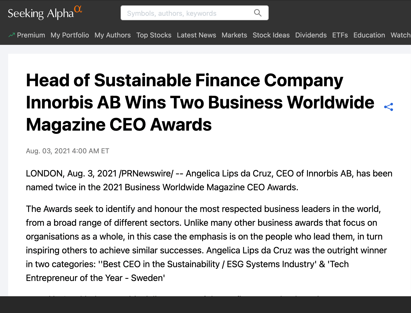 ''Best CEO in the Sustainability / ESG Systems Industry' & 'Tech Entrepreneur of the Year - Sweden'