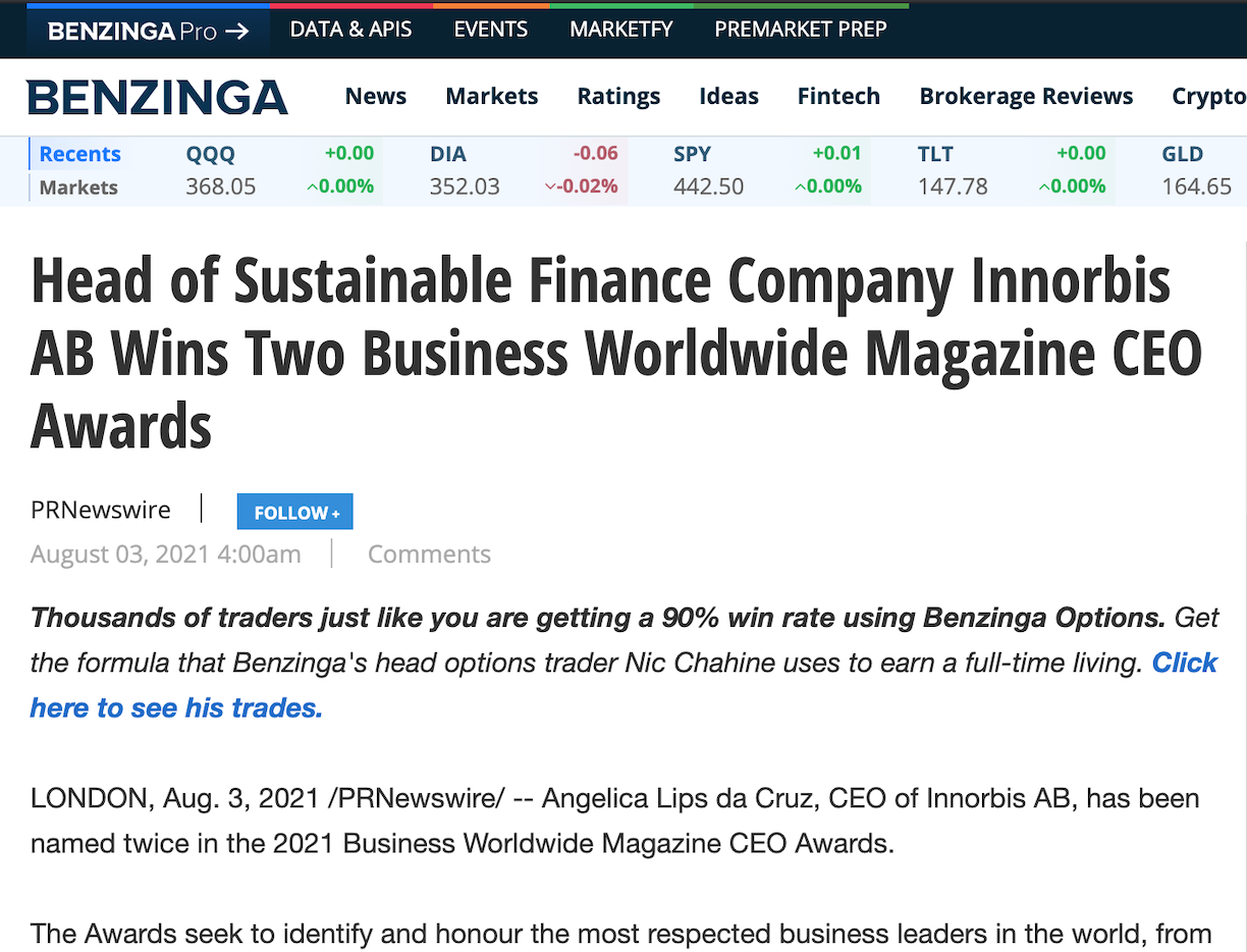 Benzinga: Head of Sustainable Finance Company Innorbis AB Wins