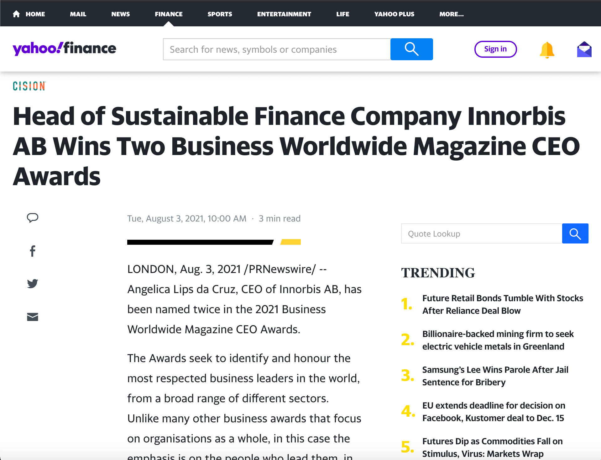 YAHOO Finance: Head of Sustainable Finance Company Innorbis AB Wins Two Business Worldwide Magazine CEO Awards