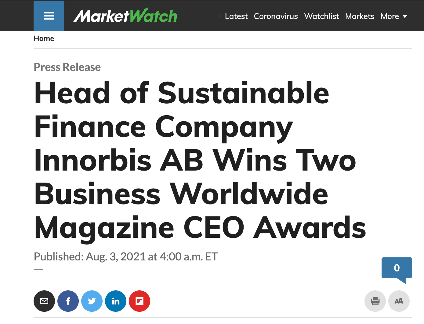 MarketWatch: Head of Sustainable Finance Wins Two CEO Awards