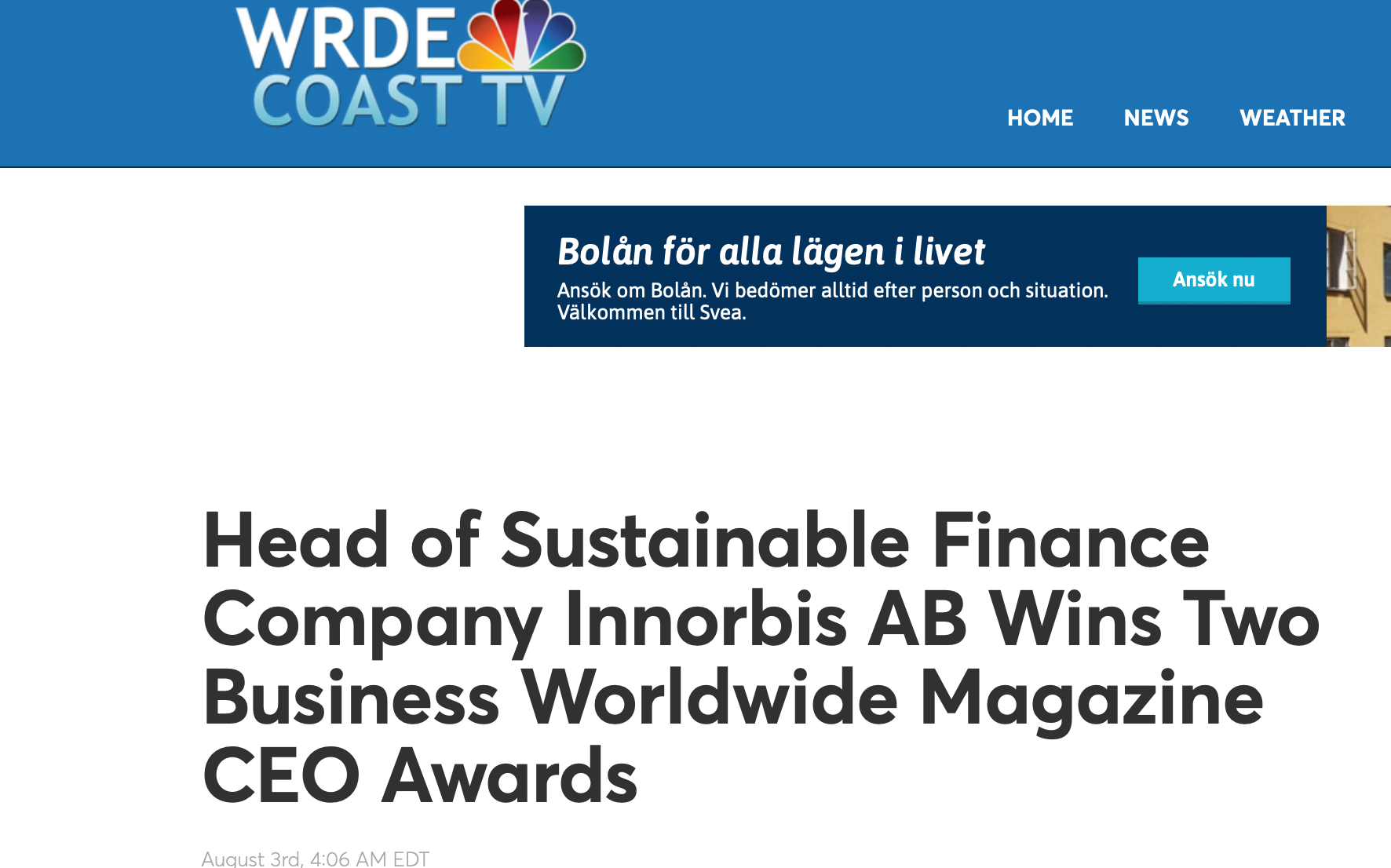 WRDE COAST TV: Best CEO in the Sustainability / ESG Systems Industry' & 'Tech Entrepreneur of the Year - Sweden'